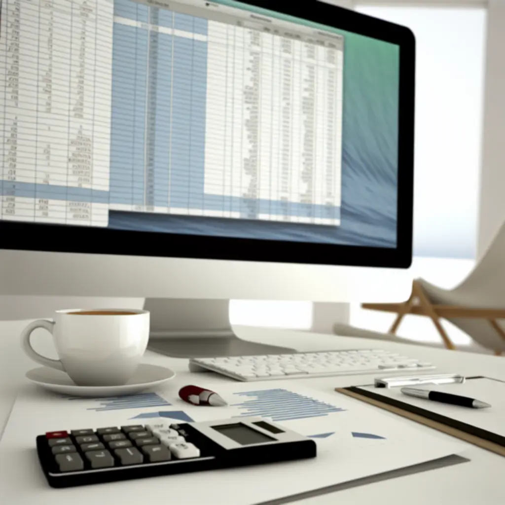 Organised bookkeeping workspace with financial documents and a laptop