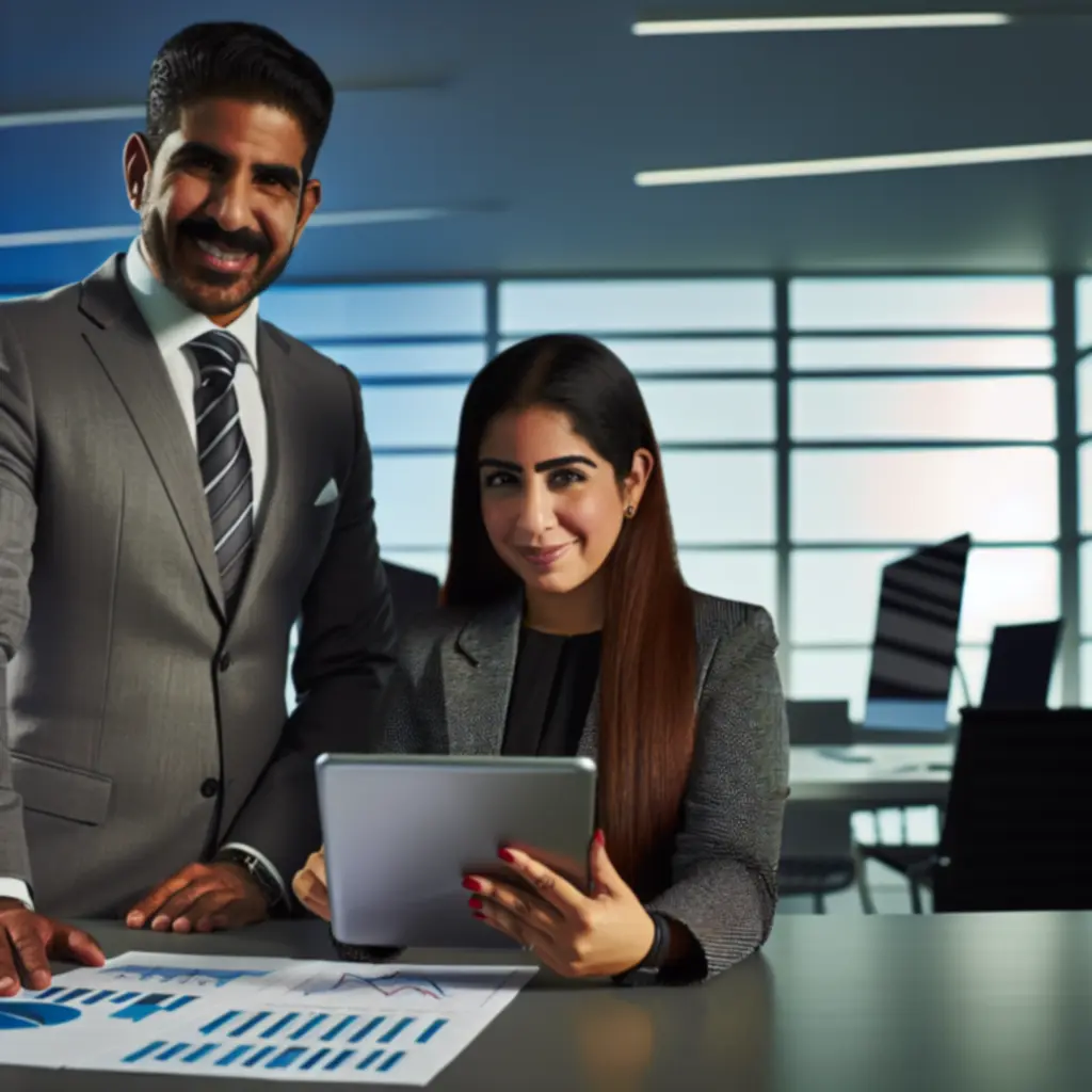 Team discussing financial reports in a modern UK office