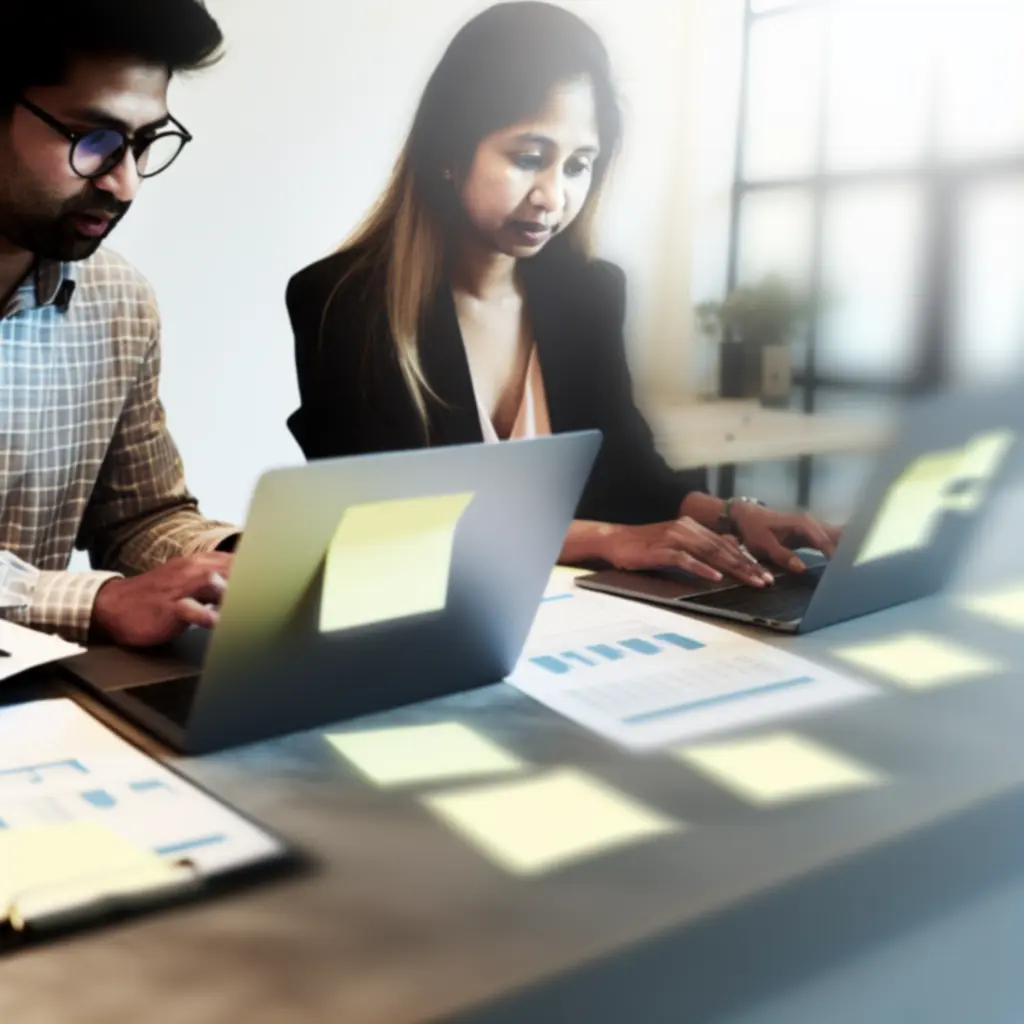 Team collaborating around a desk reviewing accounting workflow